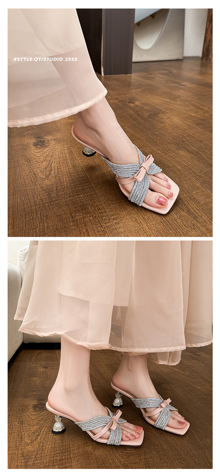 Sandal cao gót nữ hở mũi đính đá pha lê, quai ngang nơ bướm, gót 9 cm — màu hồng, màu trắng ngà chi tiết 10