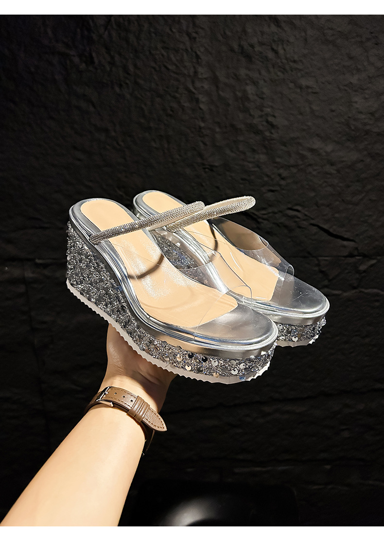 Sandal cao gót nữ hở mũi đế xuồng gót 10 cm phối sequin lấp lánh — màu đen, bạc chi tiết 19