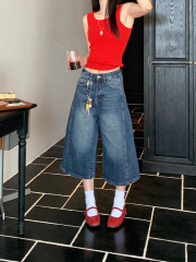 美式复古七分牛仔裤女2025年新款高腰显瘦宽松小个子做旧直筒中裤