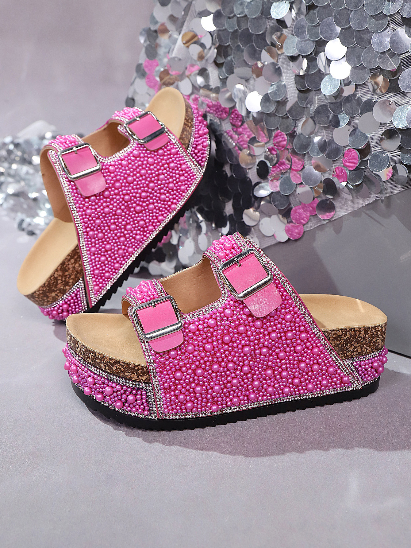 Plus Size Women's Cork Slippers Summer New Style Thick Sole Belt Buckle European American Style Pearl Rhinestone Sandals_vogvips.com