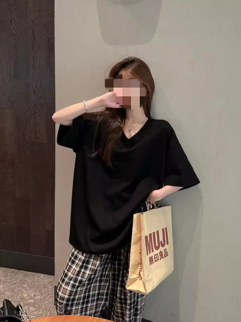 플러스 사이즈 여성용 화이트 게으른 스타일 티셔츠 여성용 여름 통통녀 느슨한 배꼽 커버 V 넥 반팔 최고 캐주얼 티셔츠