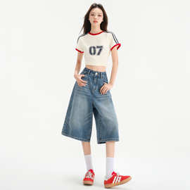 新款现货2025春季七分阔腿牛仔裤女美式复古高腰显瘦宽松褶皱裤子