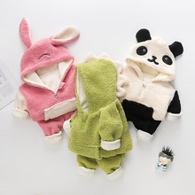 韩版中小童加绒时尚男女宝宝带帽动物卫衣两件套秋冬新款外出套装