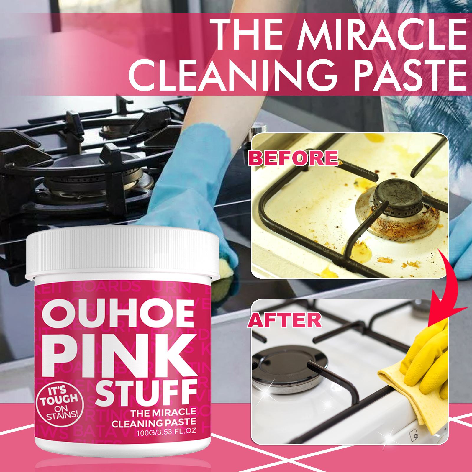 OUHOE Household Gentle Multi-Function Cleaning Paste Removes Heavy Grease Stain in the Kitchen Universal Pink Bucket Cleaning Powder