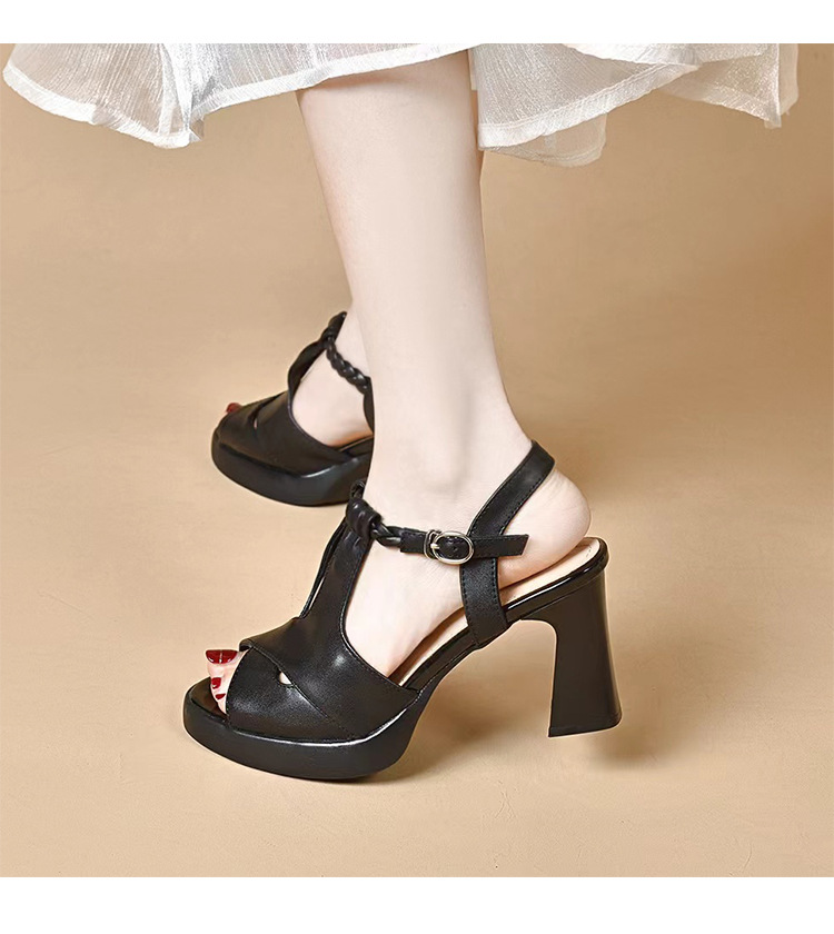 Sandal cao gót nữ đế dày da thật phong cách La Mã, gót 9 cm — Màu đen chi tiết 6