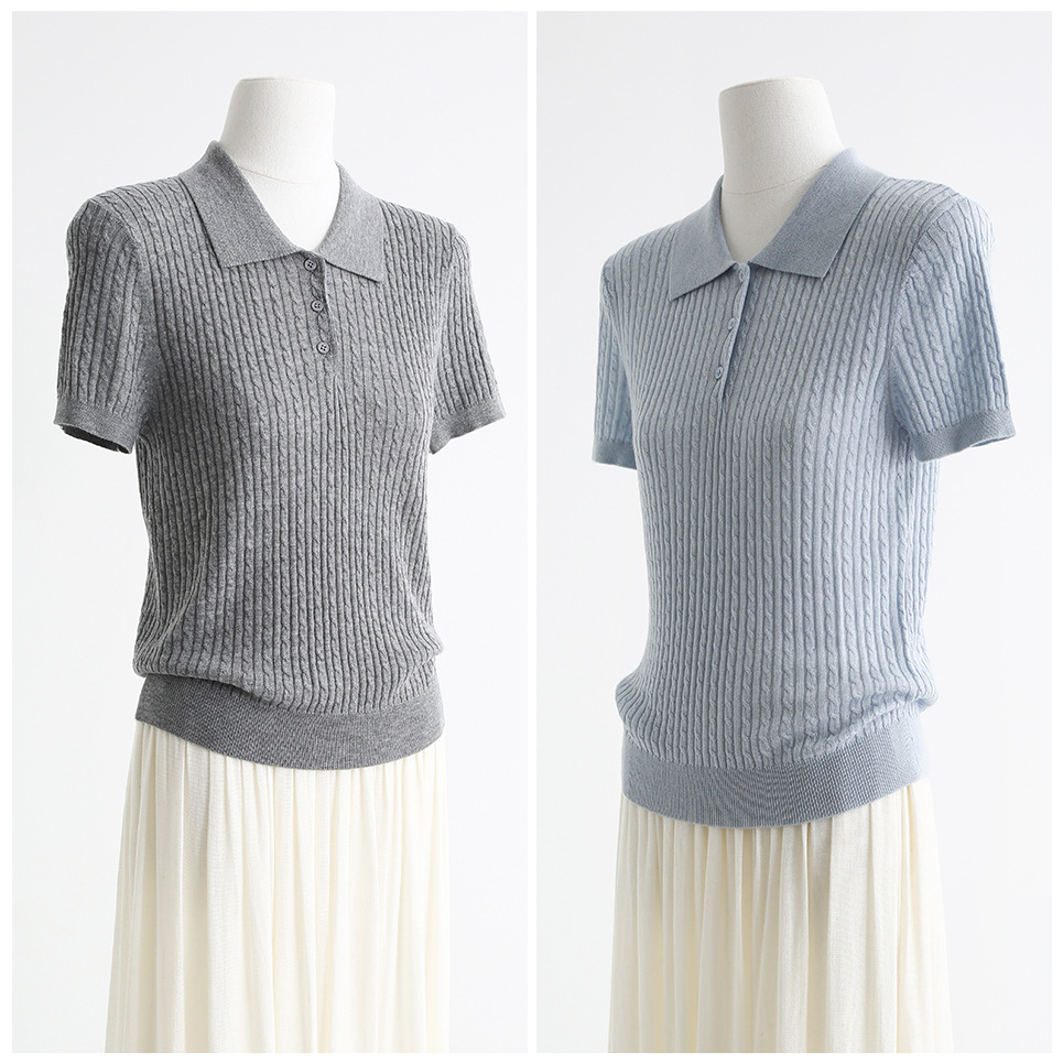MIU Age-reducing Vintage Twist POLO Collar Short-sleeved Thin Wool Knitwear Women's Early Autumn Base Shirt Sweater 32390