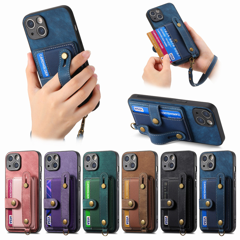 For Samsung S23Ultra Card Holder Mobile Phone Leather Case iPhone15 Wristband Lanyard Card Holder PU Mobile Phone Case