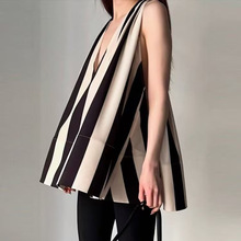 跨境欧美女装夏季新款 法式时尚气质简约宽松条纹无袖V领背心上衣