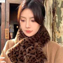 复古豹纹毛绒围巾女冬季百搭时尚保暖披肩仿皮草加厚围脖复古民族