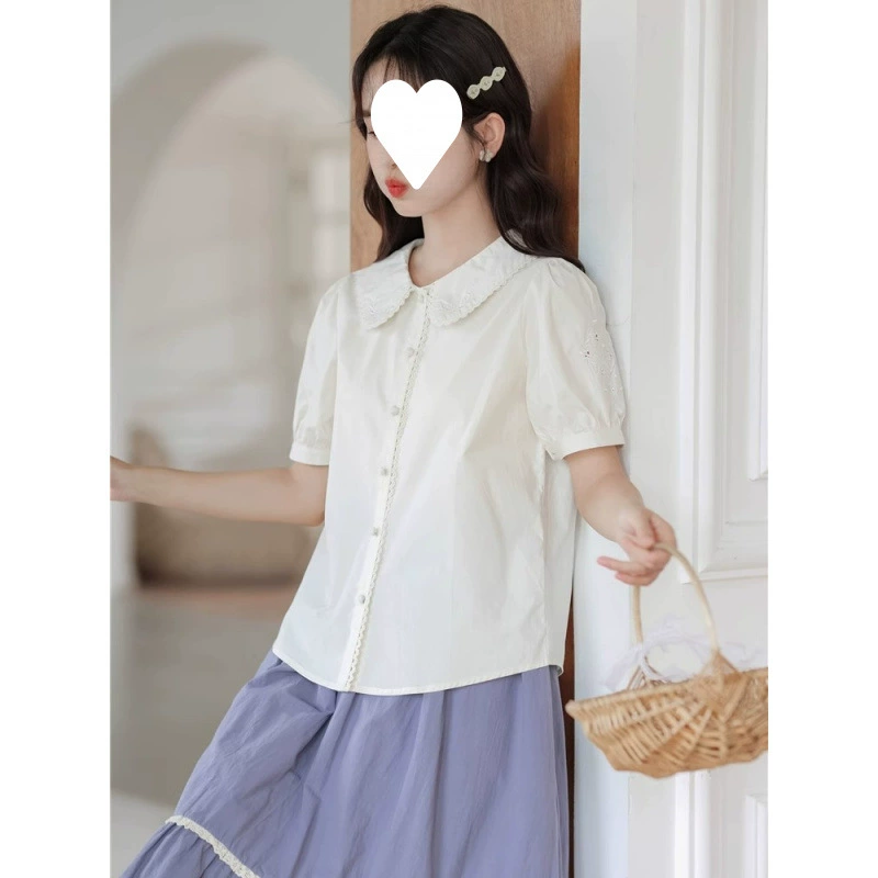 2025 новый летний стиль вышитый милый воротник-кукла короткий рукав женская белая короткая майка топ нижняя рубашка