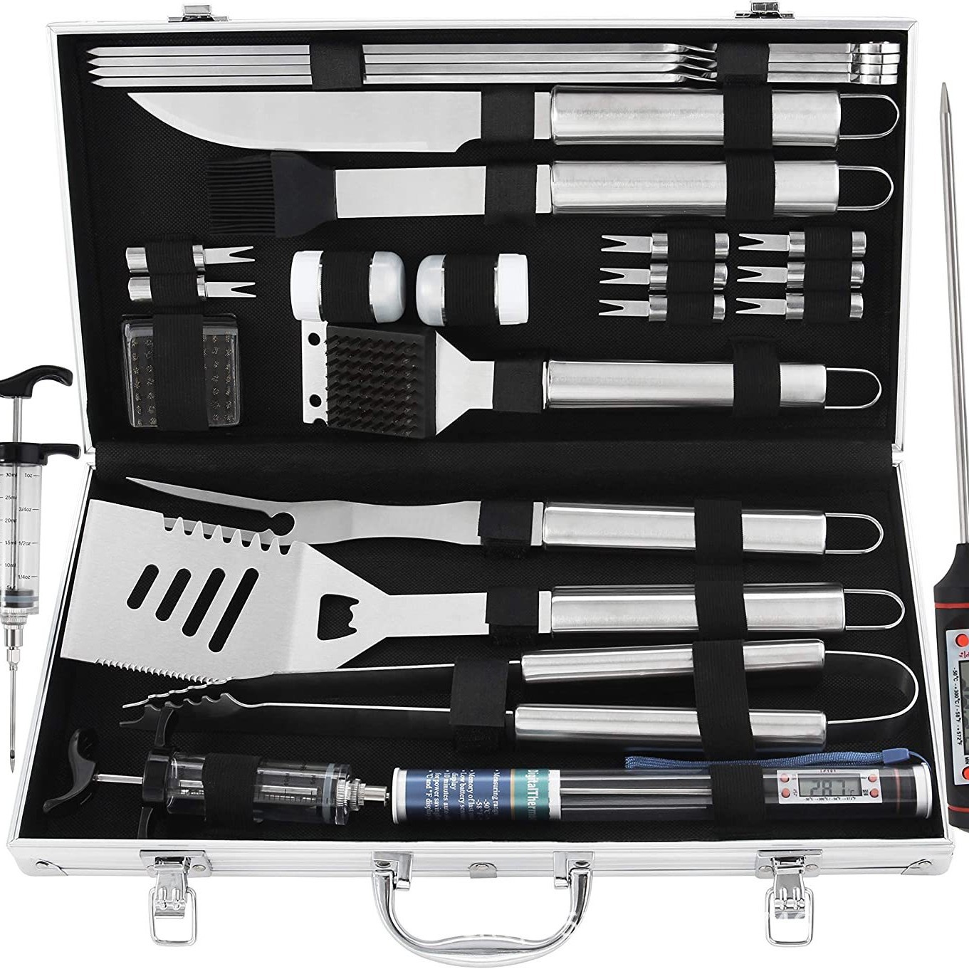 Fabricante Amazon herramientas combinación de caja de aluminio BBQ horquilla de parrilla cuchillo de parrilla mango de tubo de acero inoxidable parrilla