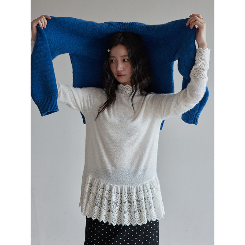 [Lace Warm Furry Base Layer] Geming High Neck Knitted Sweater Women's Winter Top T2021F