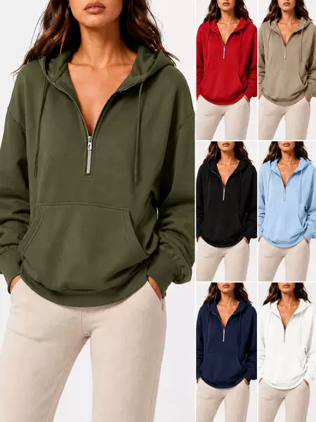 2026 Foreign Trade Autumn New Cross-Border European and American Style Loose Hooded Half-Zip Pocket Autumn and Winter Casual Sweatshirt for Women