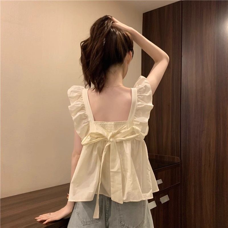 蝴蝶结小飞袖吊带背心女夏季无袖外穿遮副乳娃娃衫多巴胺海边上衣