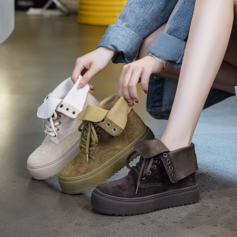 Genuine Leather Boots for Women 2025 Versatile Lace-Up Retro Round-Toe Thick-Soled British Style Short Boots for Women Two-Wear Spring & Fall Boots