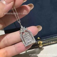 高版本V金HW幸福之门项链女厚镀纯银满钻方钻城堡锁骨链高品质代