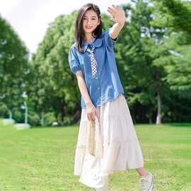 5076少女短袖衬衫夏装新款高初中学生大童宽松休闲牛仔半袖上衣潮