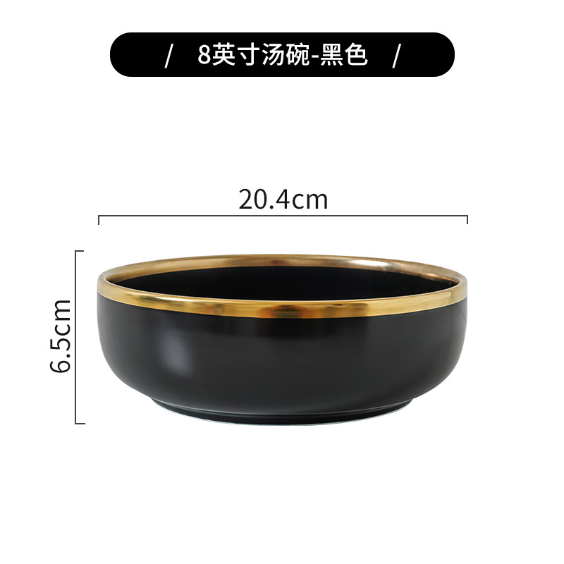 Tazón de lujo ligero y traje de plato de cerámica hogar mate negro borde dorado tazón y combinación de plato celebridad de Internet traje de vajilla de conjunto completo Nórdico
