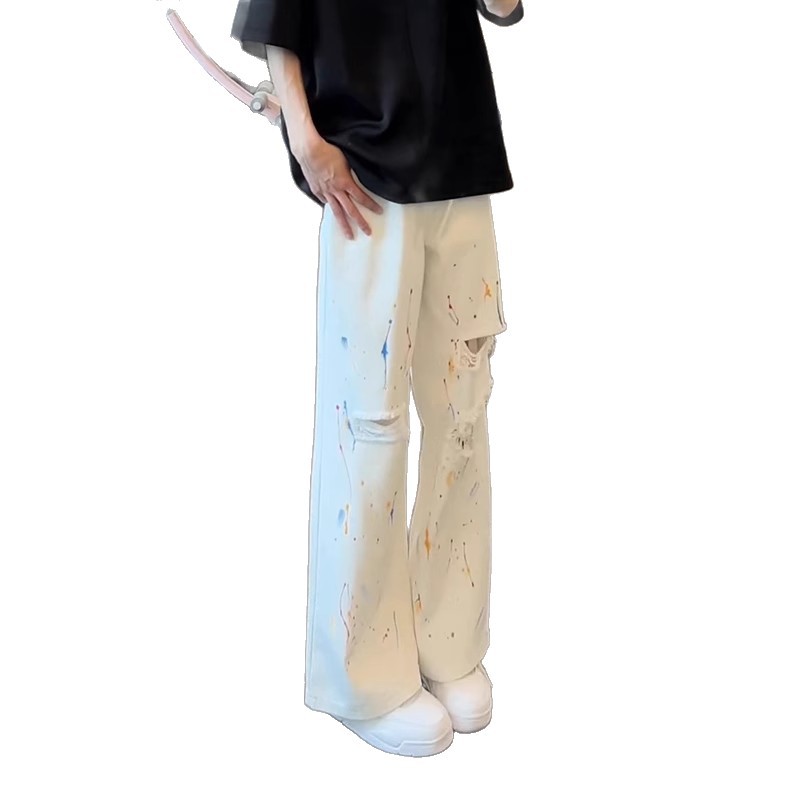 White Splatter Ripped Jeans for Men, Summer Stylish High-End American High Street Fashion Brand Flared Pants