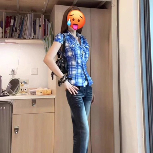 Tall, blue and white, American, retro, low-waisted, slightly skinned, hot-skinned plaid shirt that doesn't fit the legs