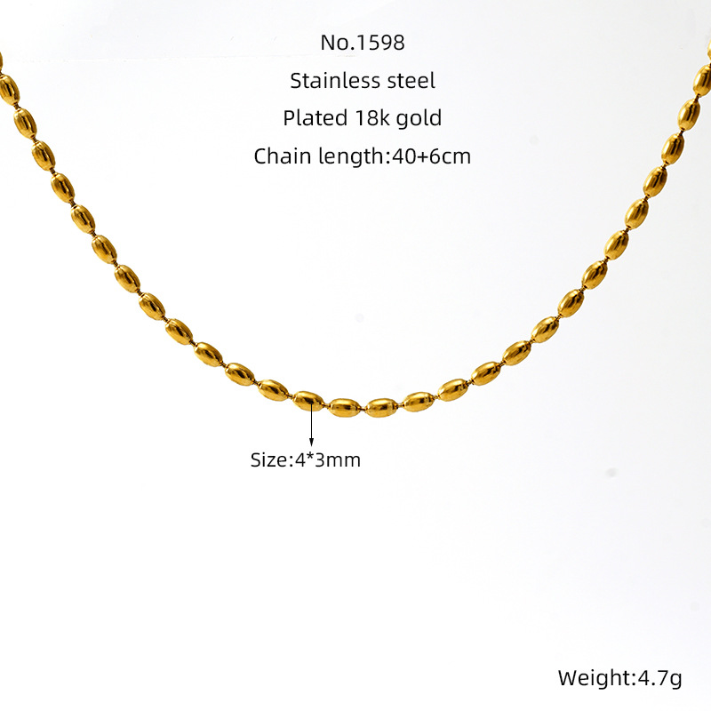 Collar de acero inoxidable de estilo europeo y americano chapado en oro de 18k simple collar de collar de acero de titanio de arroz elíptico para mujeres