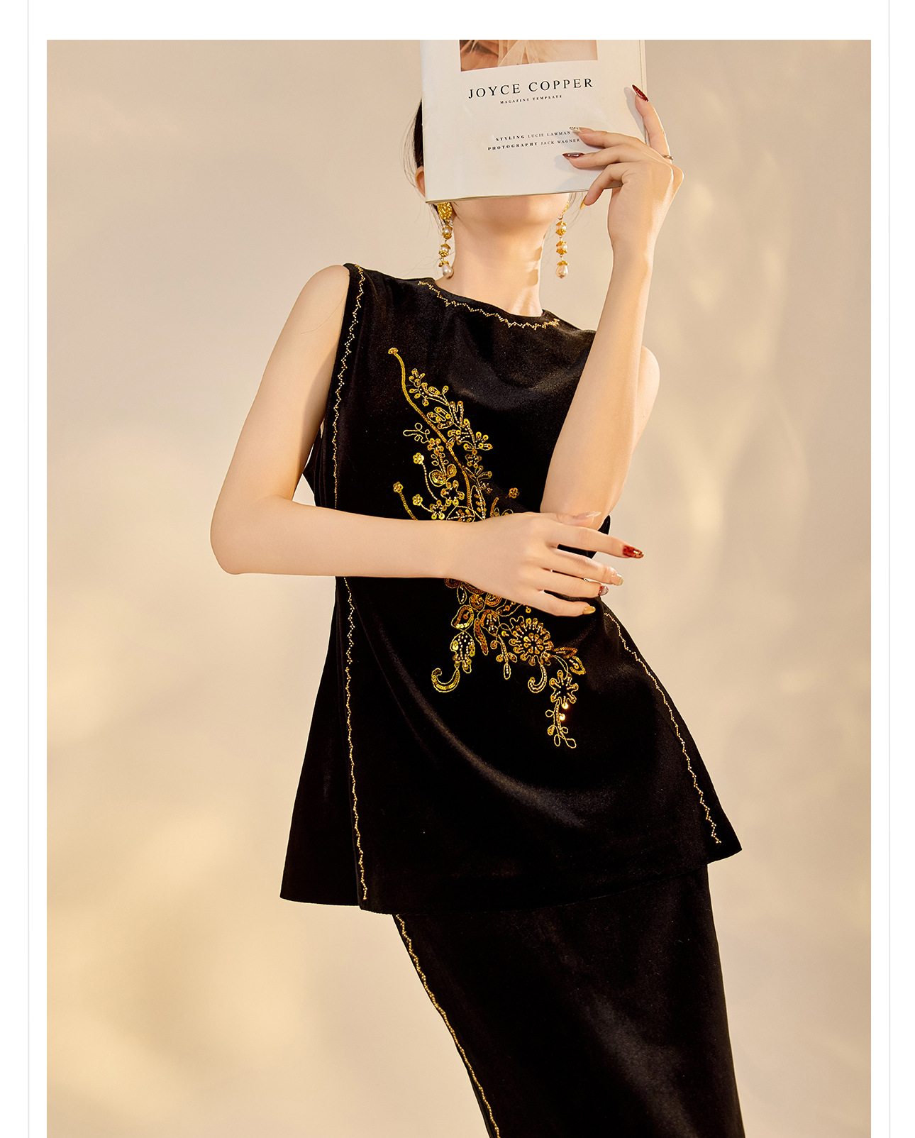 Áo vest nhung đính cườm retro không tay kết hợp chân váy đồng bộ NX005 — váy, áo vest chi tiết 11