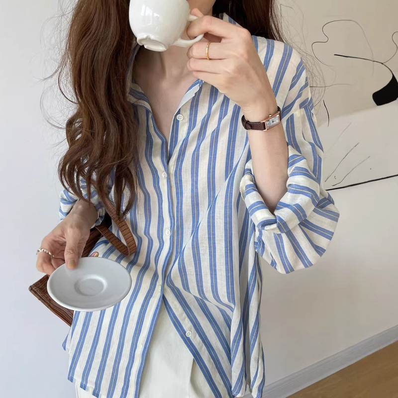 Hong Kong Style Retro Blue and White Stripesd Shirt Jacket Women's Spring & Fall Long-Sleeved Right Shoulder Casual Autumn and Winter Inner Layering Top