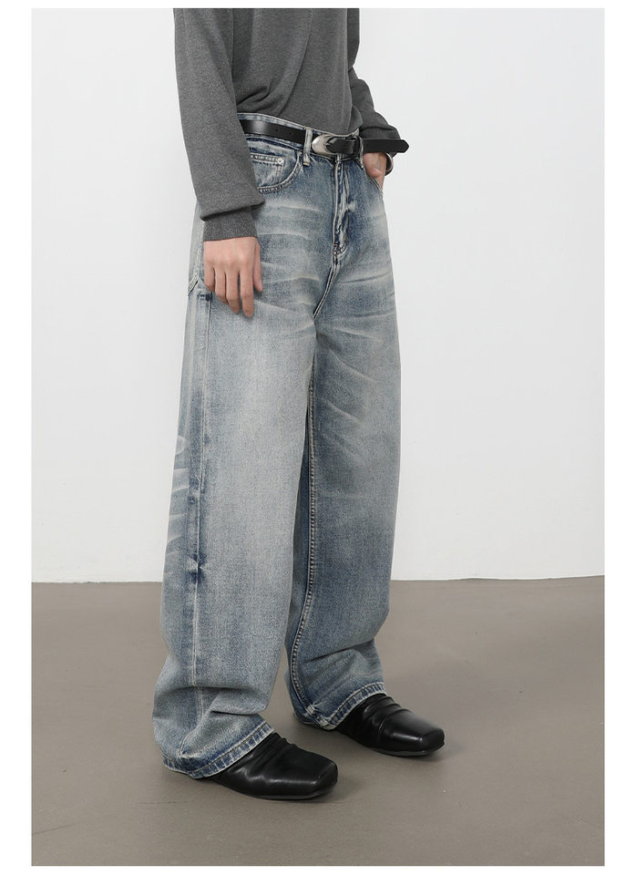 Quần jeans nam ống rộng lưng giữa, dáng suông thoải mái, chất denim washed — màu xanh, màu xanh nhạt, màu xám đen chi tiết 20
