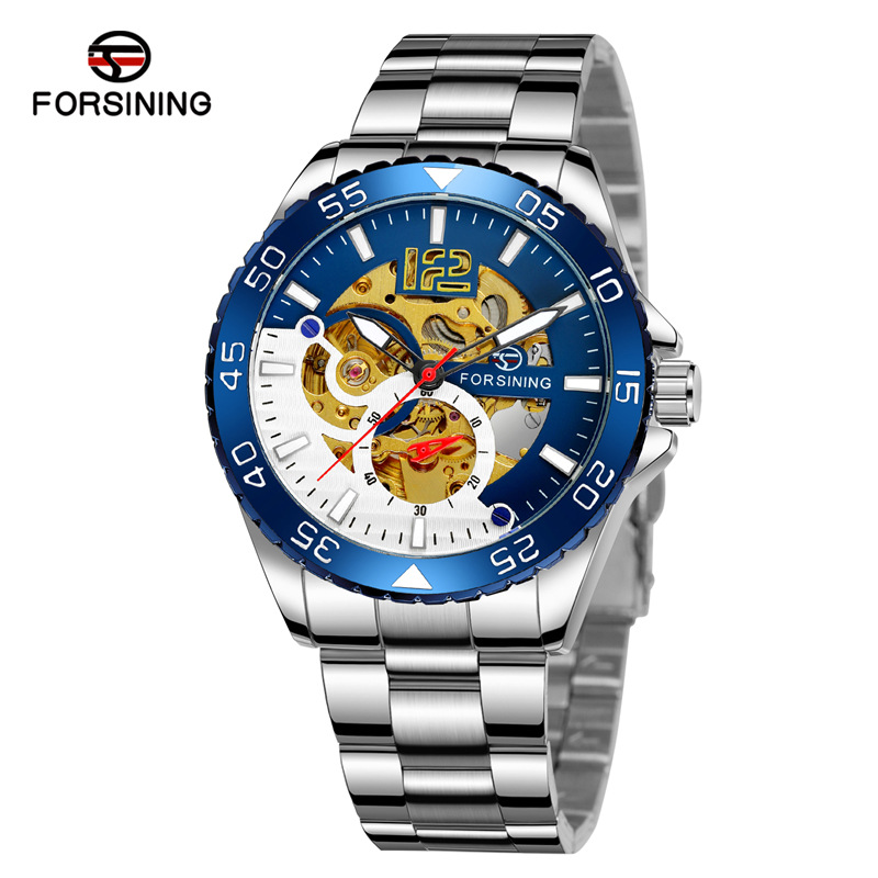FORSINING8225 movimiento mecánico automático correa de acero puntero luminoso personalidad hueco fresco reloj los hombres