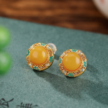 壹鹿银S925纯银镀金复古蜜蜡珐琅如意镂空圆形耳钉气质百搭女耳饰