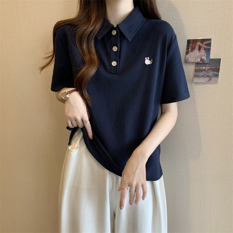 Plus-Size Stylish Polo Collar Short-Sleeve T-Shirt for Women, New Summer Style, Loose Fit, Flattering, Covers the Body, Trendy Casual Top