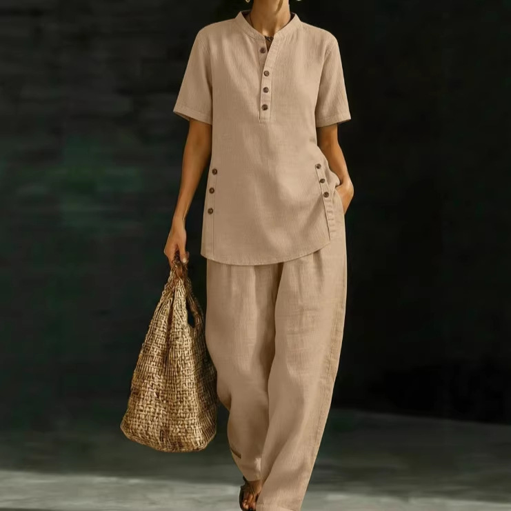 New Women's Linen Two-Piece Set American Style Comfortable Casual Button Up Shirt With Wide Leg Pants_ecoleips.com