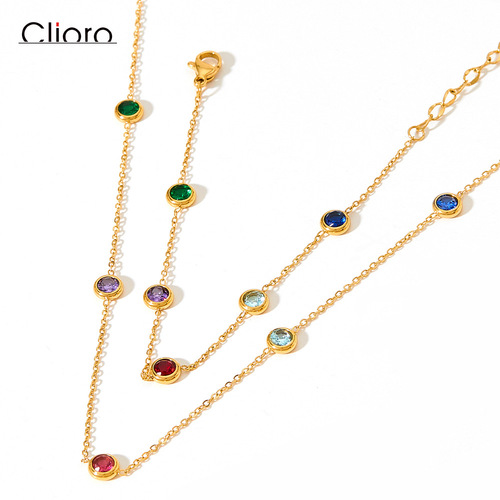 New stainless steel color-preserving colorful zircon bracelet and necklace set with exquisite beaded zircon niche design jewelry