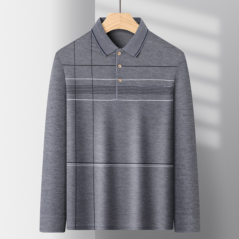 Camiseta de manga larga para hombres de mediana edad Papá usa camiseta de bolsillo suelto camisa de fondo de solapa delgada de mediana edad y ancianos Polo de edad avanzada