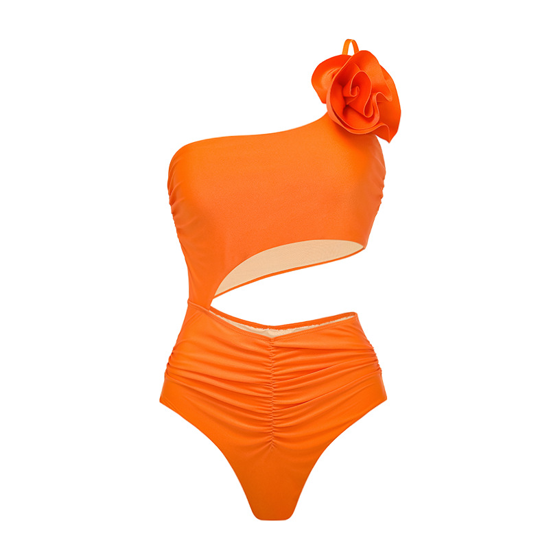 GraceChic GraceChic GraceChic 2024 European And American New Style Women's One-Shoulder 3D Flower Hollow Glossy Solid Color High-End One-Piece_voghion.com