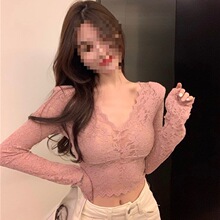 短款蕾丝上衣女秋冬季领长袖内搭雪纺时尚洋气百搭网纱打底衬衫