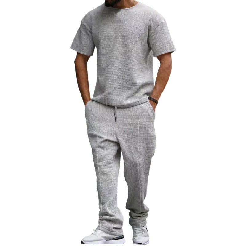 Los pantalones de manga corta de los hombres europeos y americanos se adaptan a la galleta pesada oversize Plus size Amazon cuello redondo traje casual