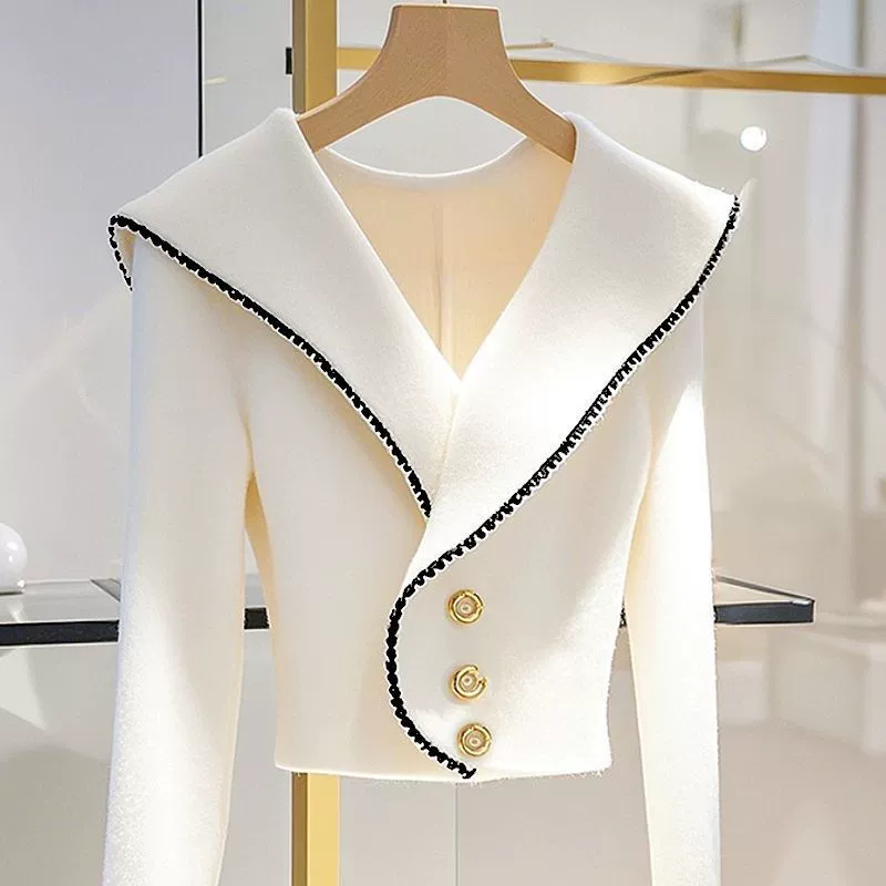 Маленький белый вязаный кардиган, короткий свитер, жакет, стиль Chanel