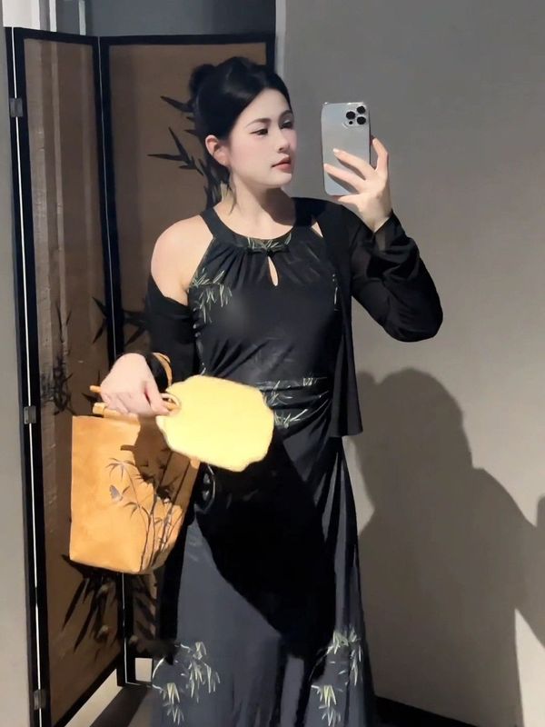 プラスサイズの新しい中国風のホルターネックチャイナドレススーツ女性のための夏のファットmmスリムカーディガン竹柄ロングスカート2点セット|undefined