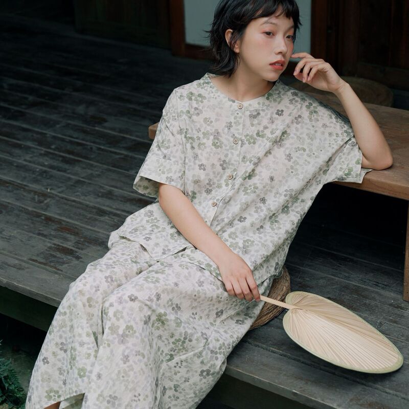 Retro Artistic Cotton and Linen Pajamas for Women, Summer Cool and Slimming Wide-Leg Skirt Pants Set, Loose Fit, Can Be Worn Outside