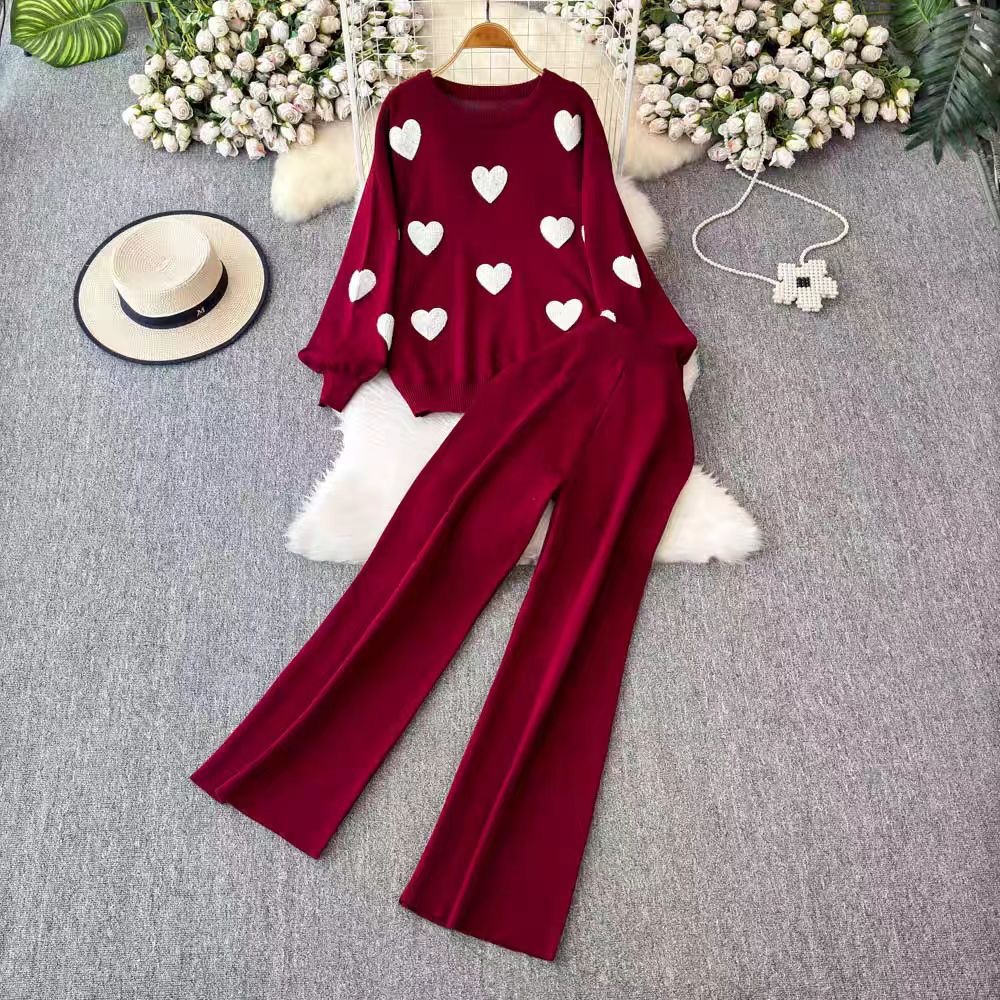 Damenbekleidung Modischer Anzug für Damen, Langarm-Design, Herz-Strickpullover, zweiteiliger Anzug, lässig, hohe Taille, schmale Hose mit weitem Bein_voghion.com