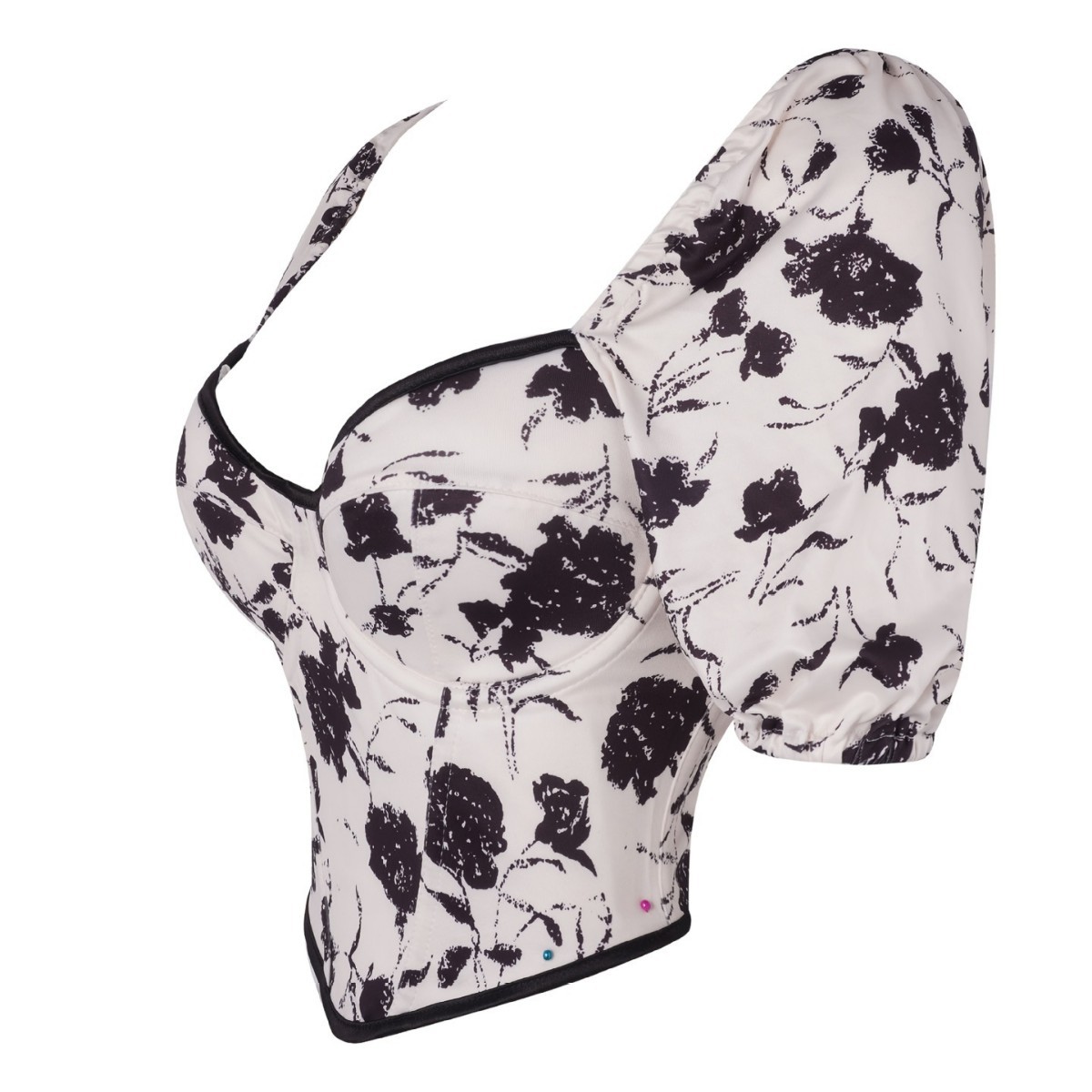 Nuevo retro tinta impresión de manga corta ropa de cuerpo de mujer de verano cintura delgada manga burbuja suministro transfronterizo