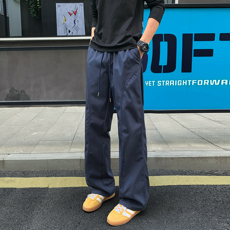 Blue Curved Hem Tactical Pants for Men, New Summer American Retro Wide-Leg Pants, Cleanfit Slightly Flared Casual Long Pants