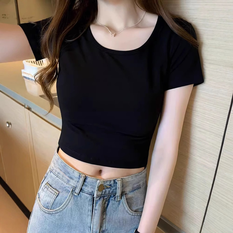 半袖黒 Tシャツレディースショートラウンドネックハイウエストへそ出し韓国風スリム夏新作無地トップイントレンド|undefined