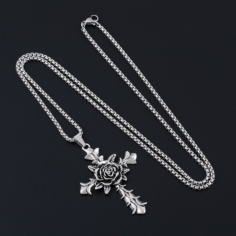 Nuova collana lunga con croce e fiore di rosa per uomo, ciondolo alla moda hip hop, versatile catena per maglione_voghion.com