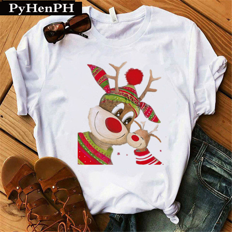 Merry Chirstmas shirt Cute Christmas Elk T-shirt Women's Short-sleeved Couple's Girlfriend Clothes ins