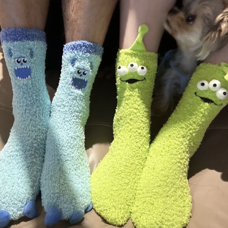 Cute Coral Velvet Plush Socks, Home Socks, Cartoon Warm Socks, Mid-Calf Plus Fleece Socks, Sleep Socks, Socks