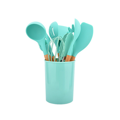 Cross-border wooden handle silicone kitchenware set kitchen non-stick spatula soup spoon colander storage bucket twelve-piece set