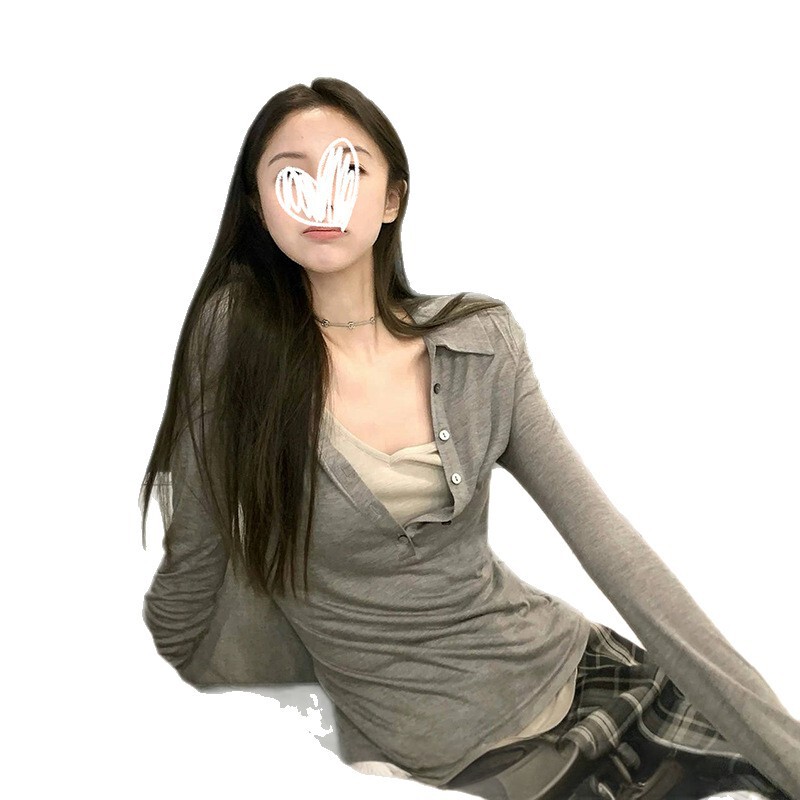 YIDENG ファッショナブルなスリムフィットフェイクツーピース Tシャツ 2025 新しいファッショナブルなコントラストカラー V ネックボトム長袖女性|undefined