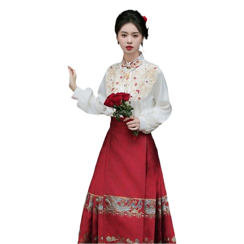 Осенний дождь комплект лошадь лицо юбка сверхмощный топ с вышивкой мин длинное пальто шерстяное пальто красный ханьфу тосты одежда